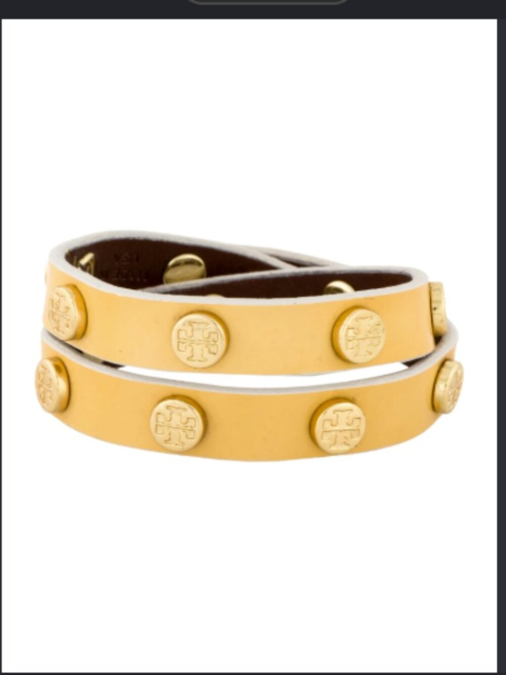 Tory Burch Timeless Luxury Yellow Leather Double-Wrap Bracelet Gold Studs